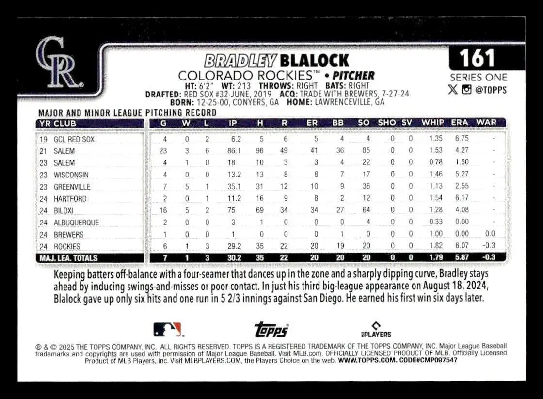 2025 Topps #161 Bradley Blalock - Baseball Card Single
