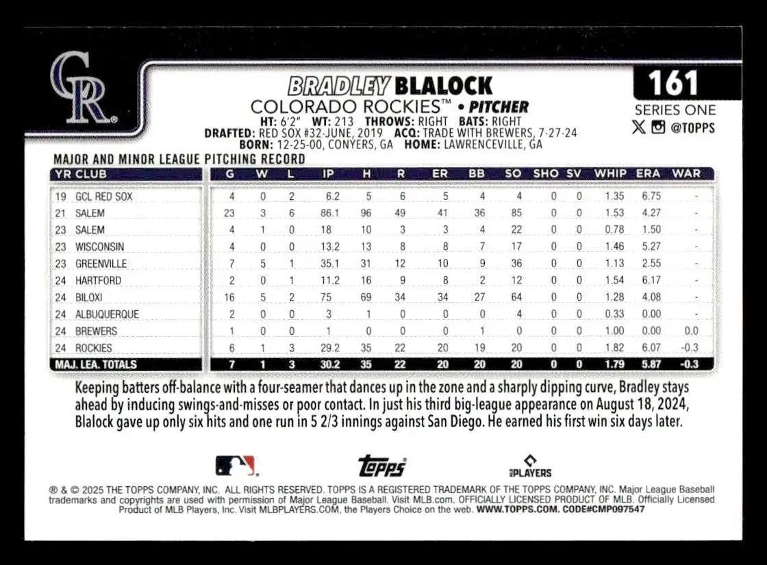 2025 Topps #161 Bradley Blalock - Baseball Card Single