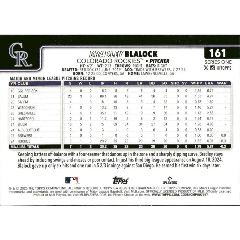 2025 Topps #161 Bradley Blalock NM-MT RC Rookie Colorado Rockies Baseball Card - Baseball Card Single