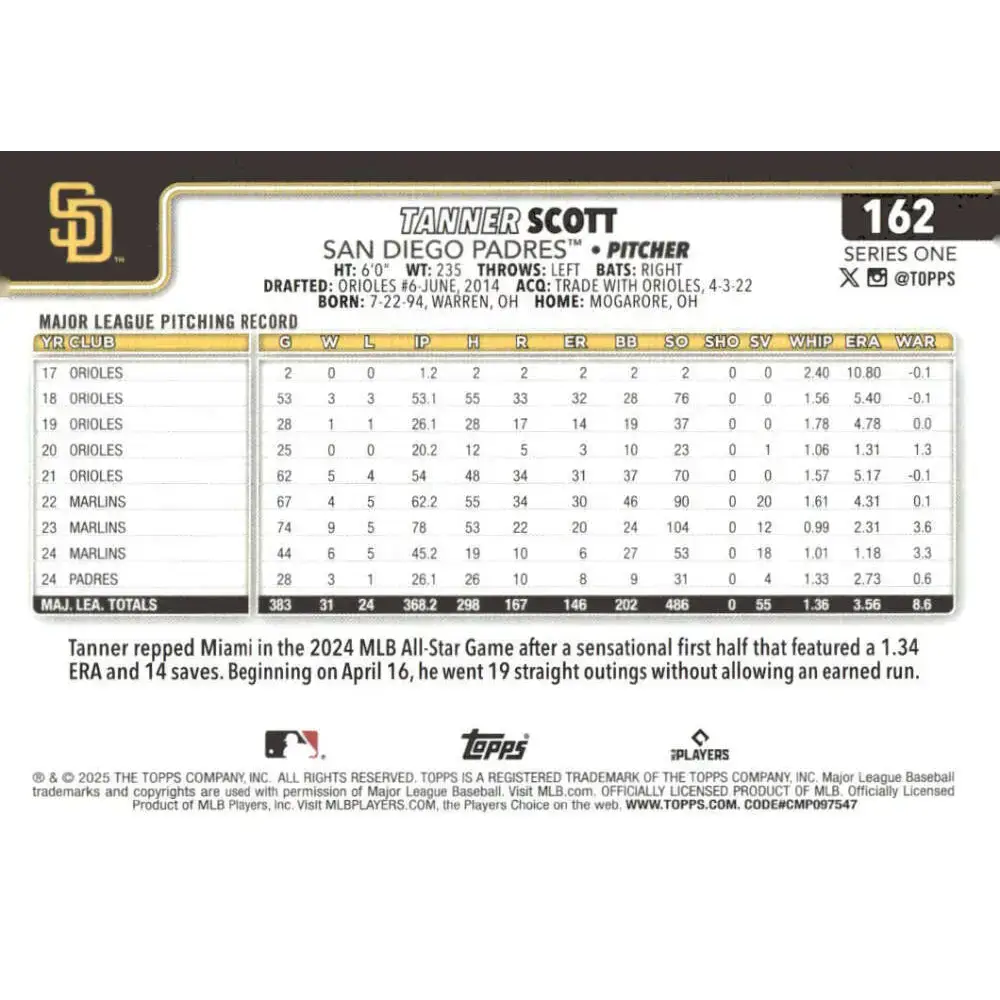 2025 Topps #162 Tanner Scott NM-MT San Diego Padres Baseball Card - Baseball Card Single