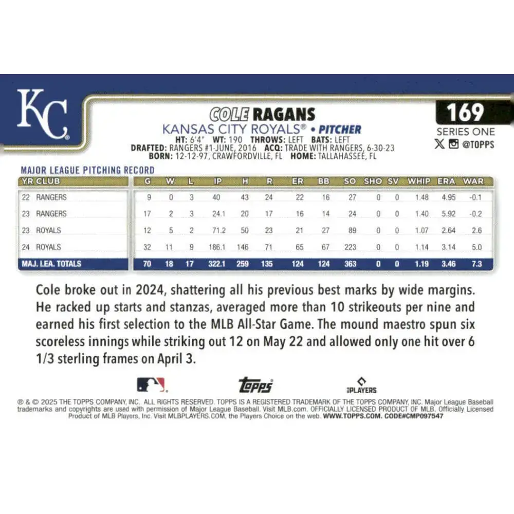 2025 Topps #169 Cole Ragans NM-MT Kansas City Royals Baseball Card - Baseball Card Single