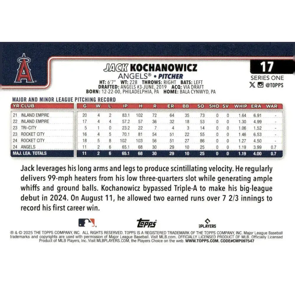 2025 Topps #17 Jack Kochanowicz NM-MT RC Rookie Los Angeles Angels Baseball Card - Baseball Card Single