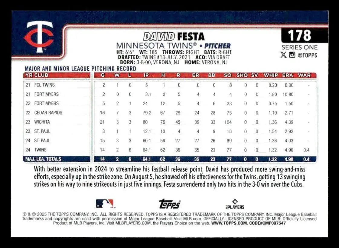 2025 Topps #178 David Festa - Baseball Card Single
