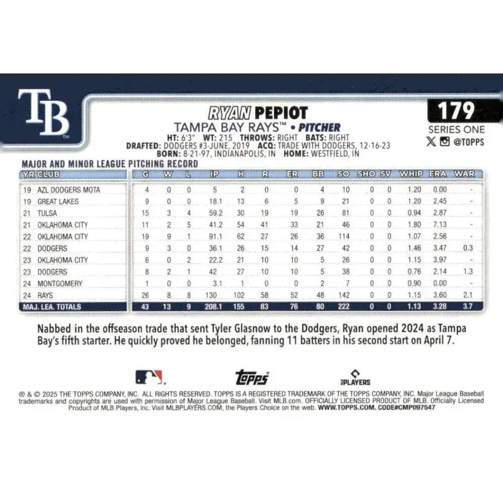 2025 Topps #179 Ryan Pepiot NM-MT Tampa Bay Rays Baseball Card - Baseball Card Single