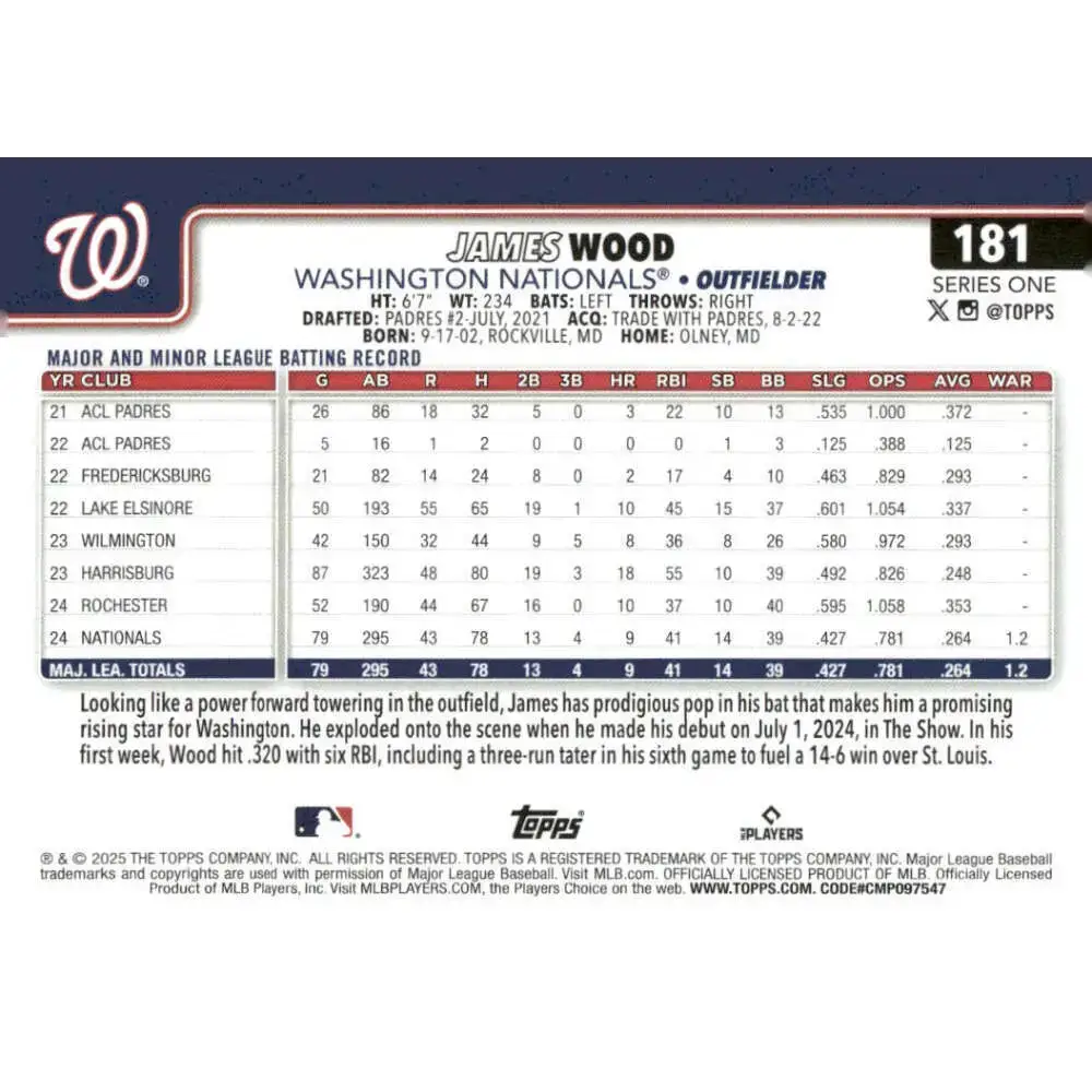 2025 Topps #181 James Wood NM-MT RC Rookie Washington Nationals Baseball Card