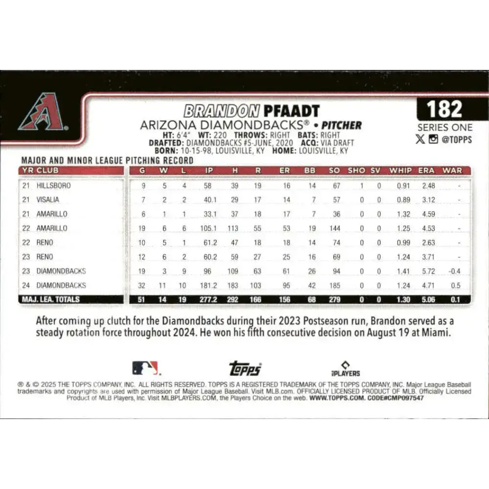 2025 Topps #182 Brandon Pfaadt NM-MT Arizona Diamondbacks Baseball Card - Baseball Card Single