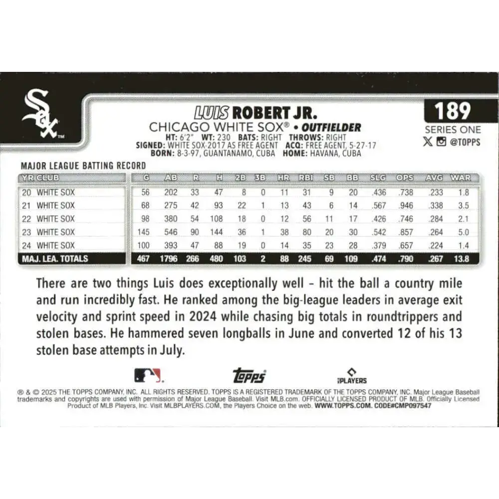2025 Topps #189 Luis Robert Jr. NM-MT Chicago White Sox Baseball Card - Baseball Card Single