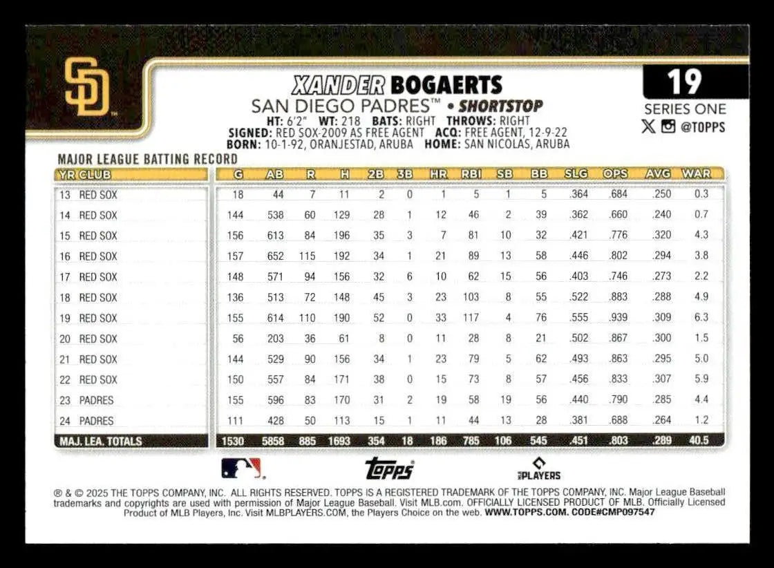 2025 Topps #19 Xander Bogaerts - Baseball Card Single