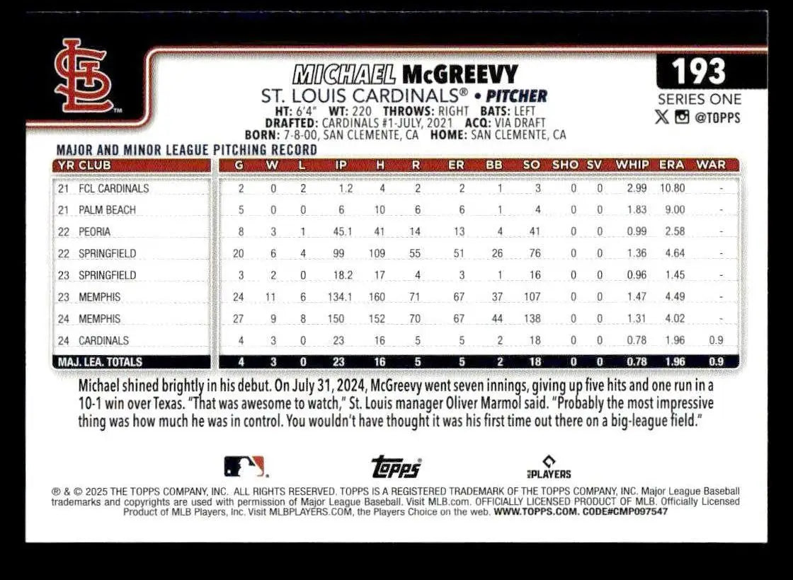 2025 Topps #193 Michael McGreevy - Baseball Card Single