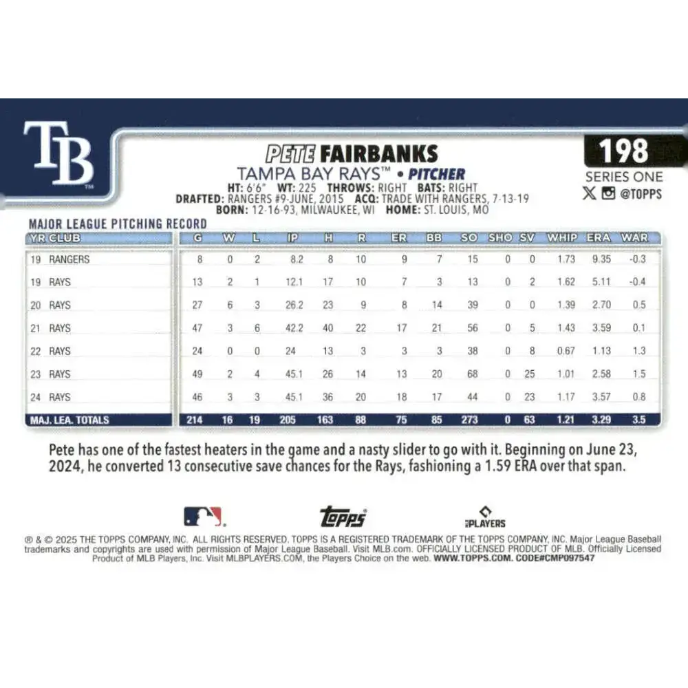 2025 Topps #198 Pete Fairbanks NM-MT Tampa Bay Rays Baseball Card - Baseball Card Single