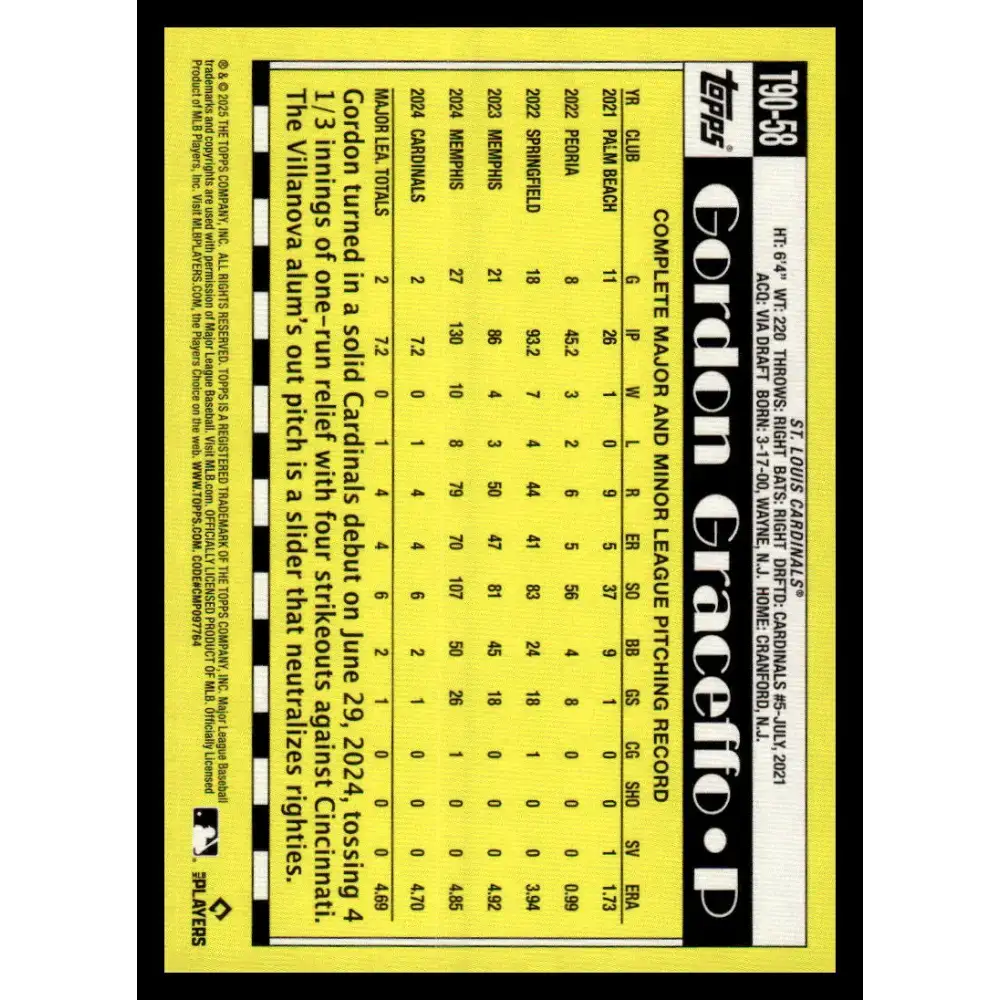 2025 Topps 1990 Baseball #T90-58 Gordon Graceffo NM-MT St. Louis Cardinals Baseball Card - Baseball Card Single
