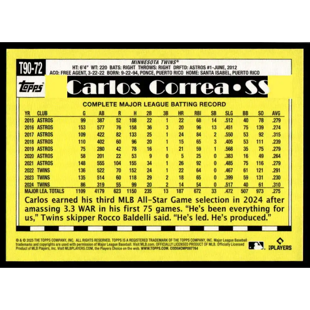 2025 Topps 1990 Baseball #T90-72 Carlos Correa NM-MT Minnesota Twins Baseball Card - Baseball Card Single