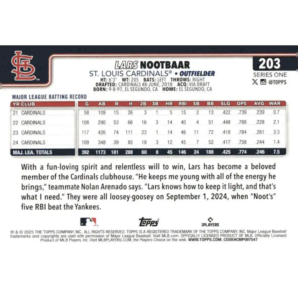 2025 Topps #203 Lars Nootbaar NM-MT St Louis Cardinals Baseball Card - Baseball Card Single