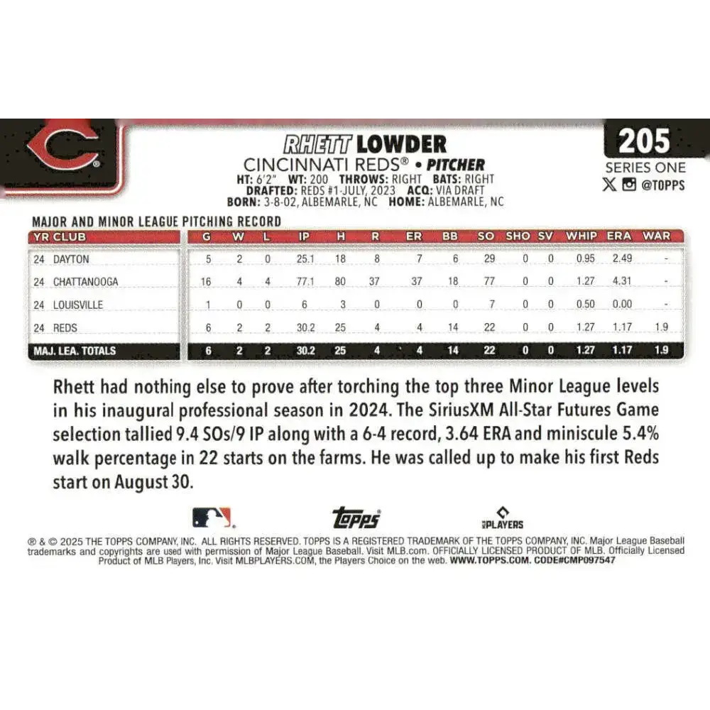 2025 Topps #205 Rhett Lowder NM-MT RC Rookie Cincinnati Reds Baseball Card