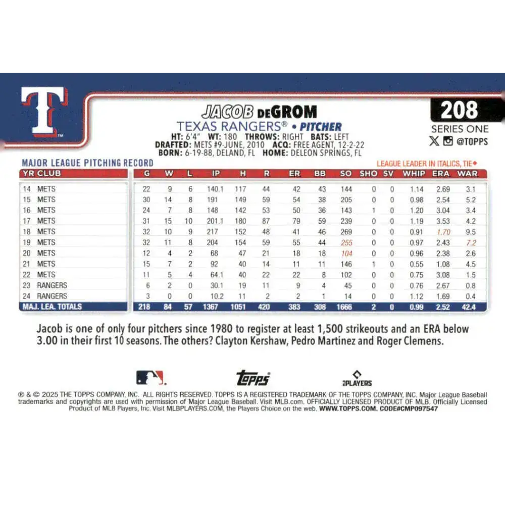 2025 Topps #208 Jacob deGrom NM-MT Texas Rangers Baseball Card - Baseball Card Single