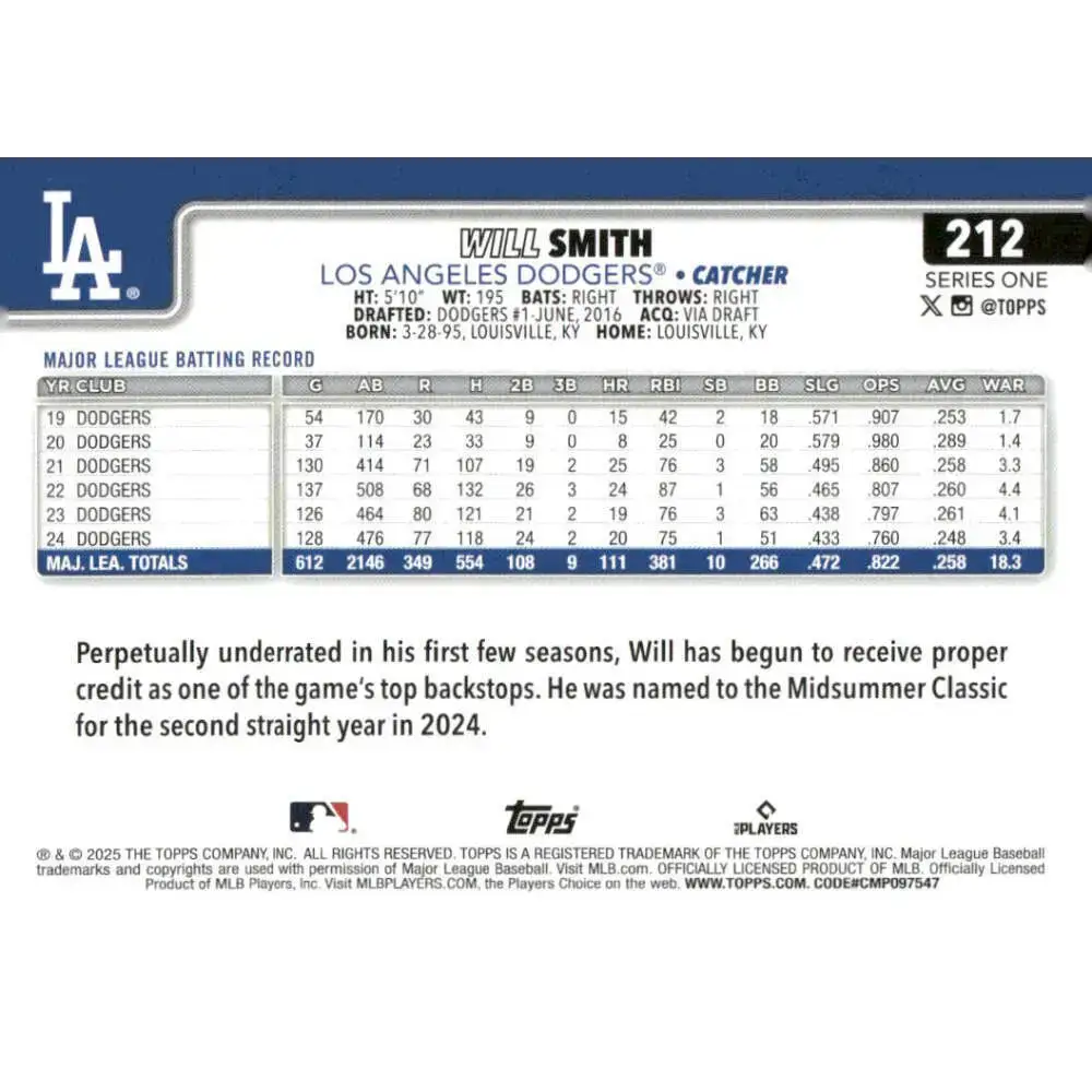 2025 Topps #212 Will Smith NM-MT Los Angeles Dodgers Baseball Card - Baseball Card Single