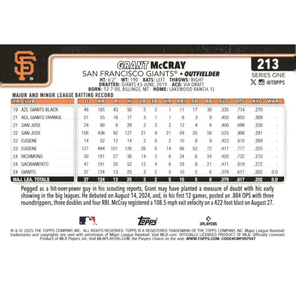 2025 Topps #213 Grant McCray NM-MT RC Rookie San Francisco Giants Baseball Card - Baseball Card Single