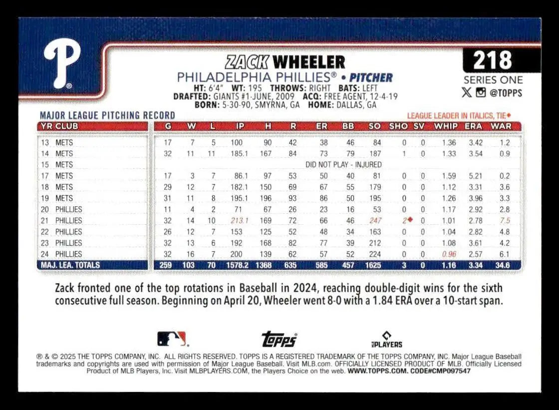 2025 Topps #218 Zack Wheeler - Baseball Card Single