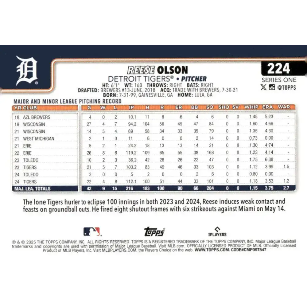 2025 Topps #224 Reese Olson NM-MT Detroit Tigers Baseball Card - Baseball Card Single