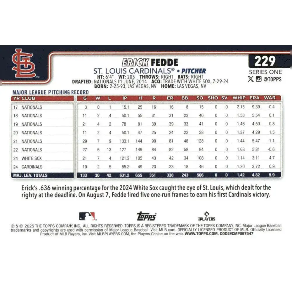 2025 Topps #229 Erick Fedde NM-MT St Louis Cardinals Baseball Card - Baseball Card Single