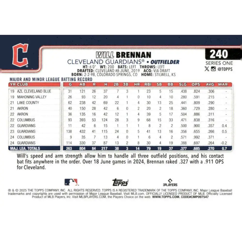 2025 Topps #240 Will Brennan NM-MT Cleveland Guardians Baseball Card - Baseball Card Single