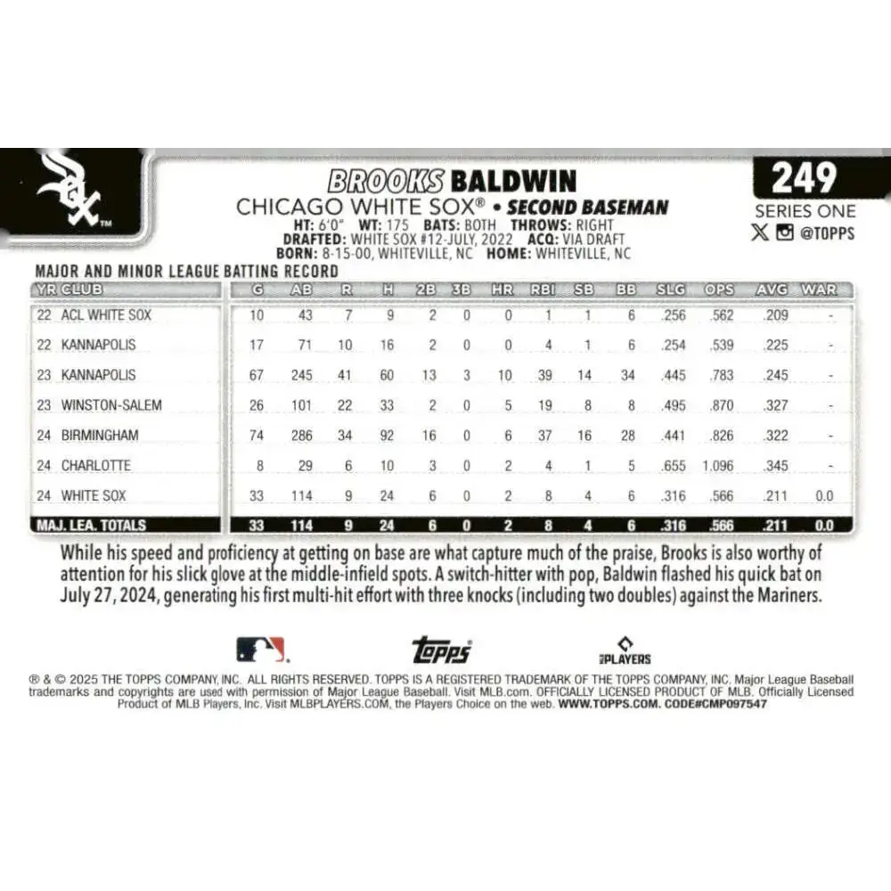 2025 Topps #249 Brooks Baldwin NM-MT RC Rookie Chicago White Sox Baseball Card - Baseball Card Single