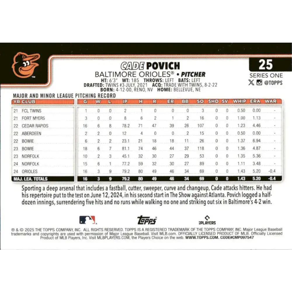 2025 Topps #25 Cade Povich NM-MT RC Rookie Baltimore Orioles Baseball Card - Baseball Card Single