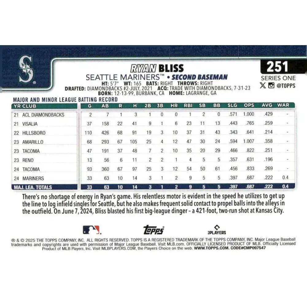 2025 Topps #251 Ryan Bliss NM-MT RC Rookie Seattle Mariners Baseball Card - Baseball Card Single