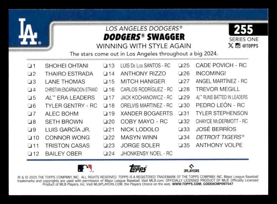 2025 Topps #255 Dodgers Swagger: Winning With Style Again - Baseball Card Single