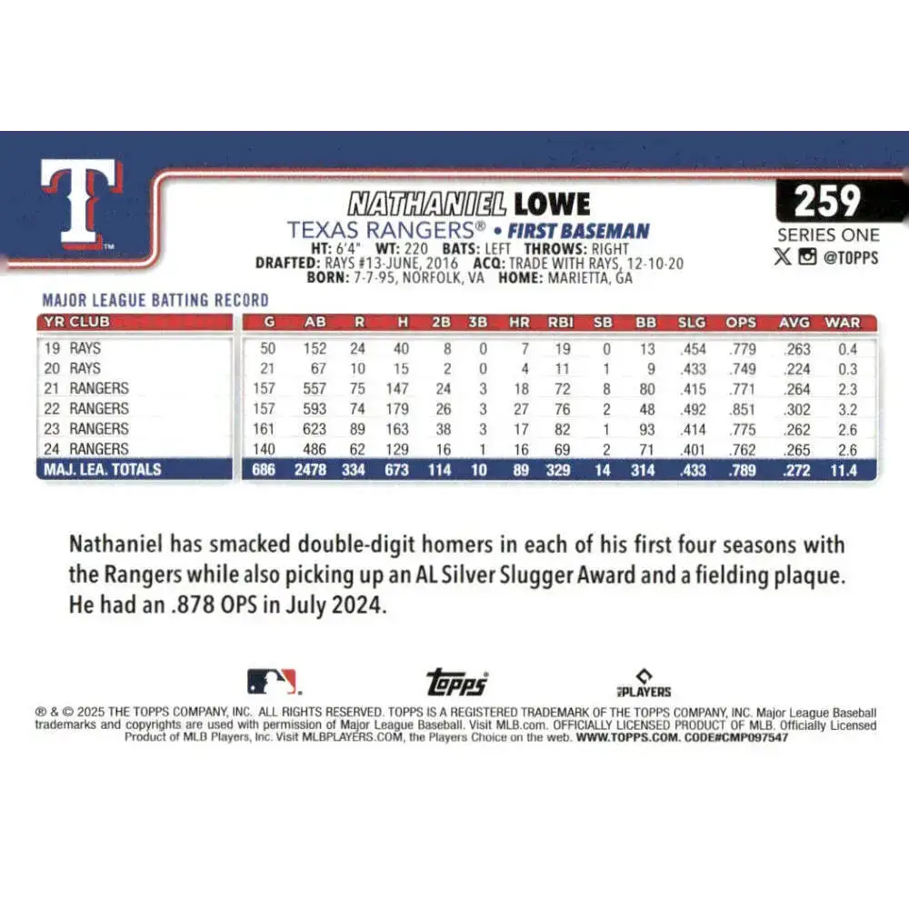 2025 Topps #259 Nathaniel Lowe NM-MT Texas Rangers Baseball Card - Baseball Card Single