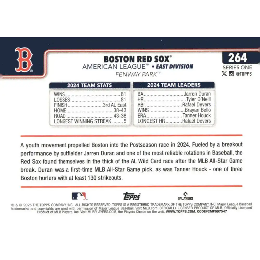 2025 Topps #264 Boston Red Sox NM-MT Boston Red Sox Baseball Card - Baseball Card Single