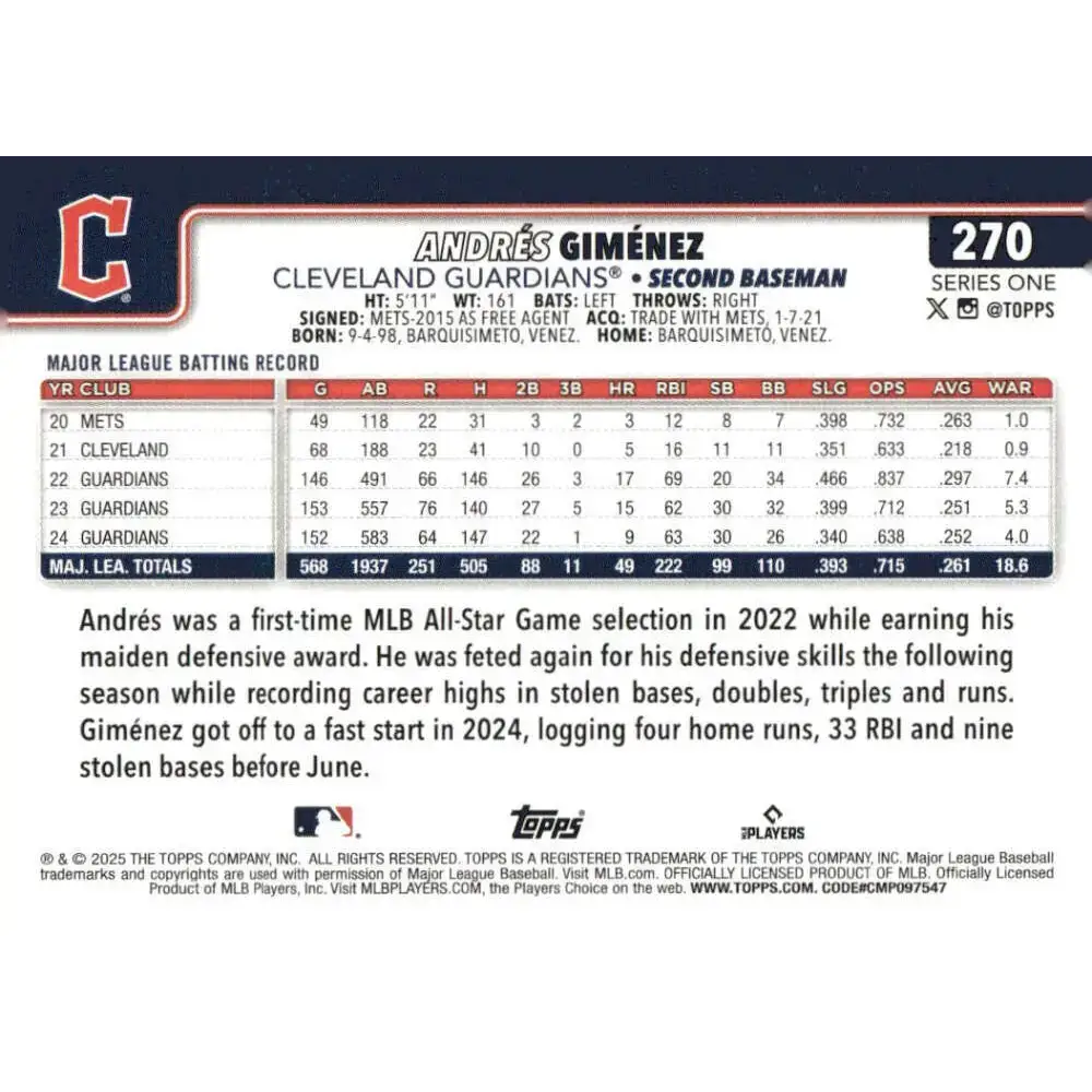2025 Topps #270 Andres Gimenez NM-MT Cleveland Guardians Baseball Card - Baseball Card Single