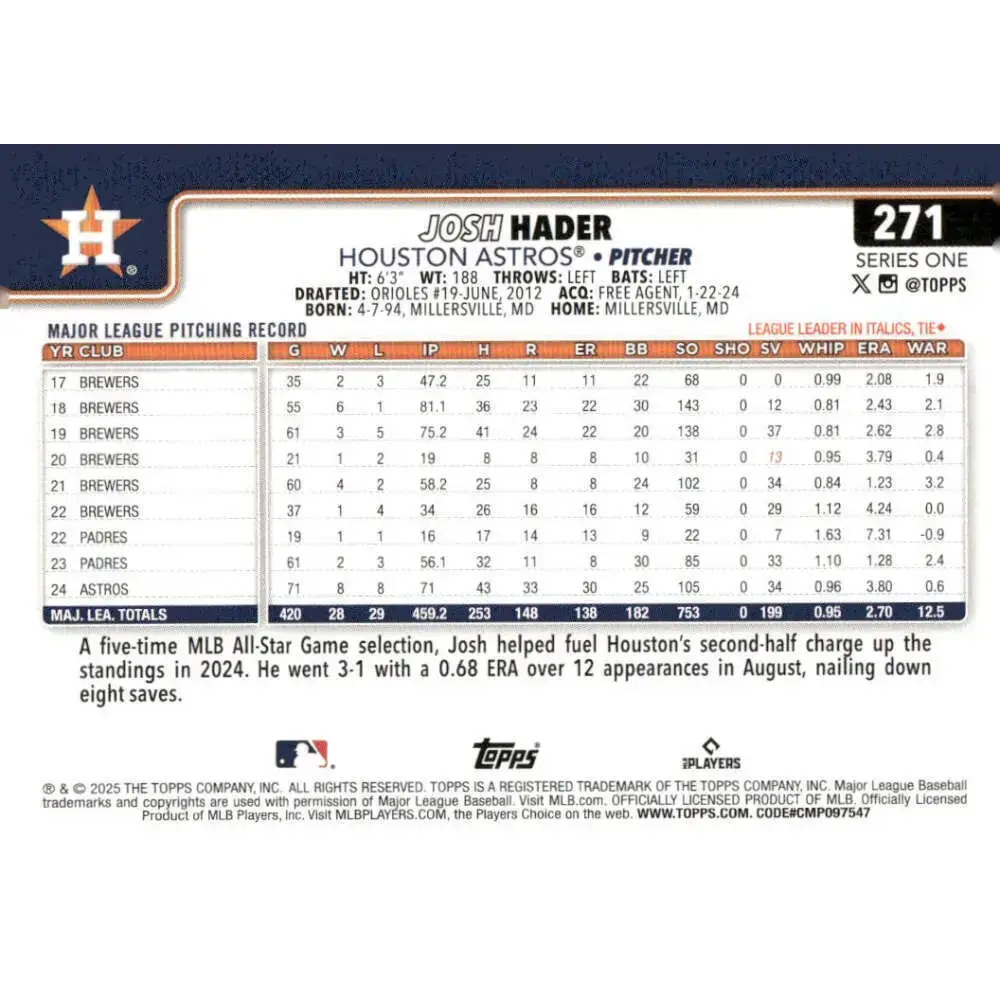 2025 Topps #271 Josh Hader NM-MT Houston Astros Baseball Card - Baseball Card Single