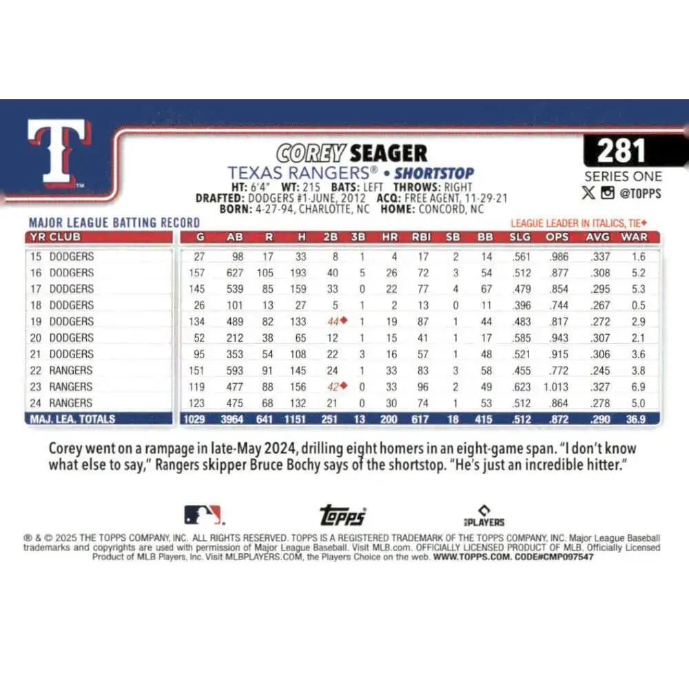 2025 Topps #281 Corey Seager NM-MT Texas Rangers Baseball Card