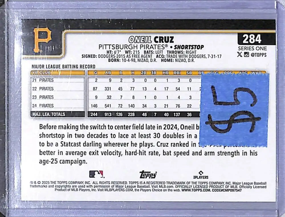 2025 Topps #284 Oneil Cruz NM-MT Pittsburgh Pirates - Baseball Card Single
