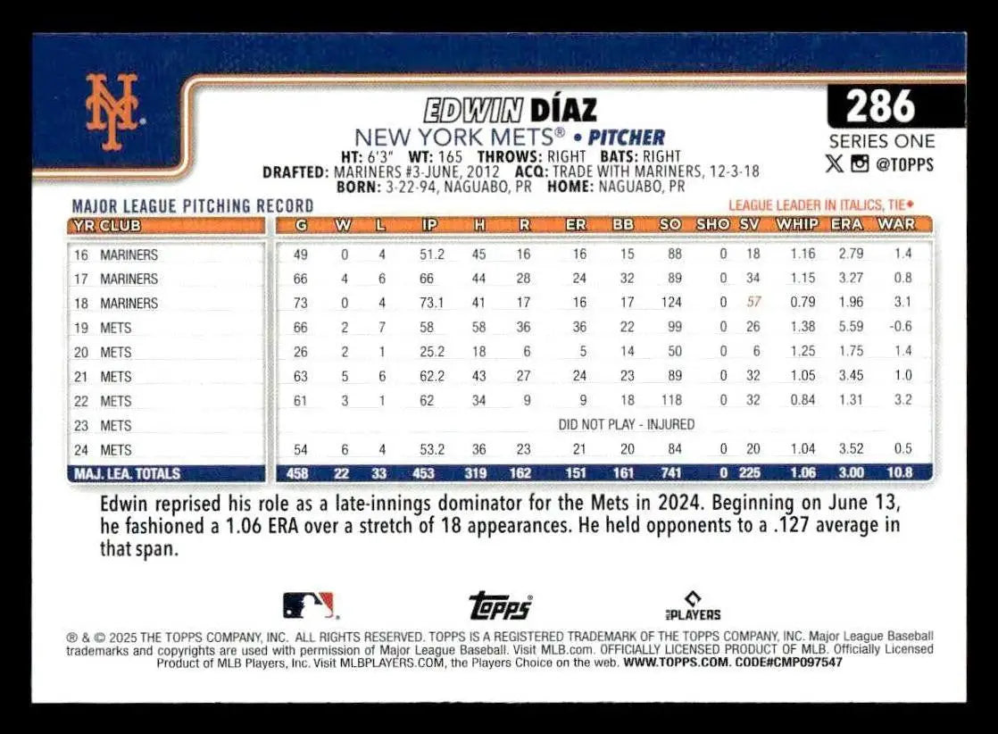 2025 Topps #286 Edwin Díaz - Baseball Card Single