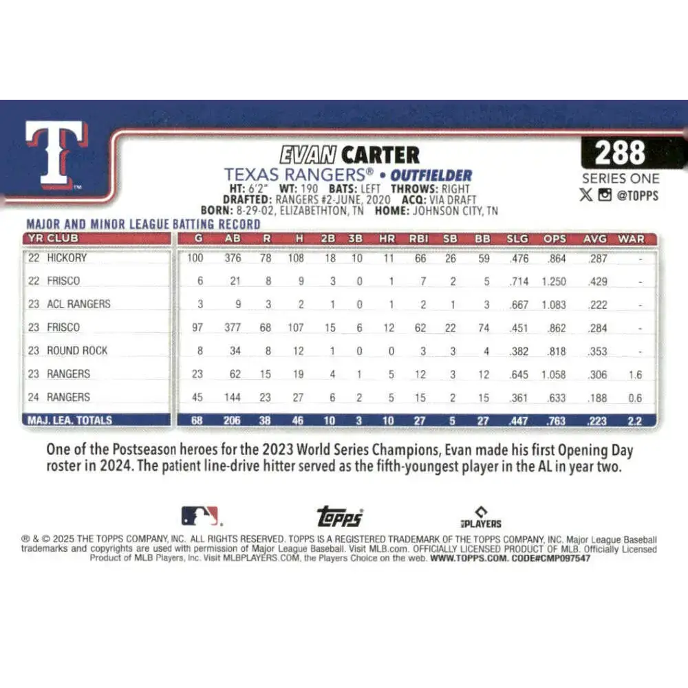 2025 Topps #288 Evan Carter NM-MT Texas Rangers Baseball Card - Baseball Card Single