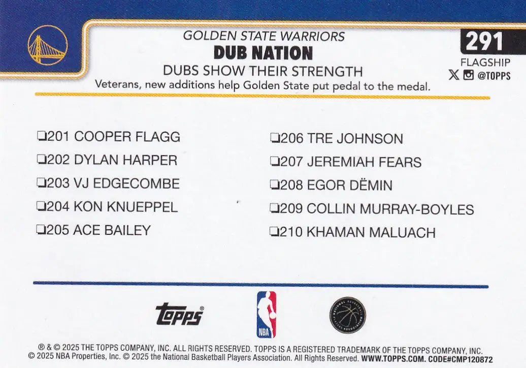 2025 TOPPS #291 DUB NATION- GOLDEN STATE WARRIORS - Basketball Card Single