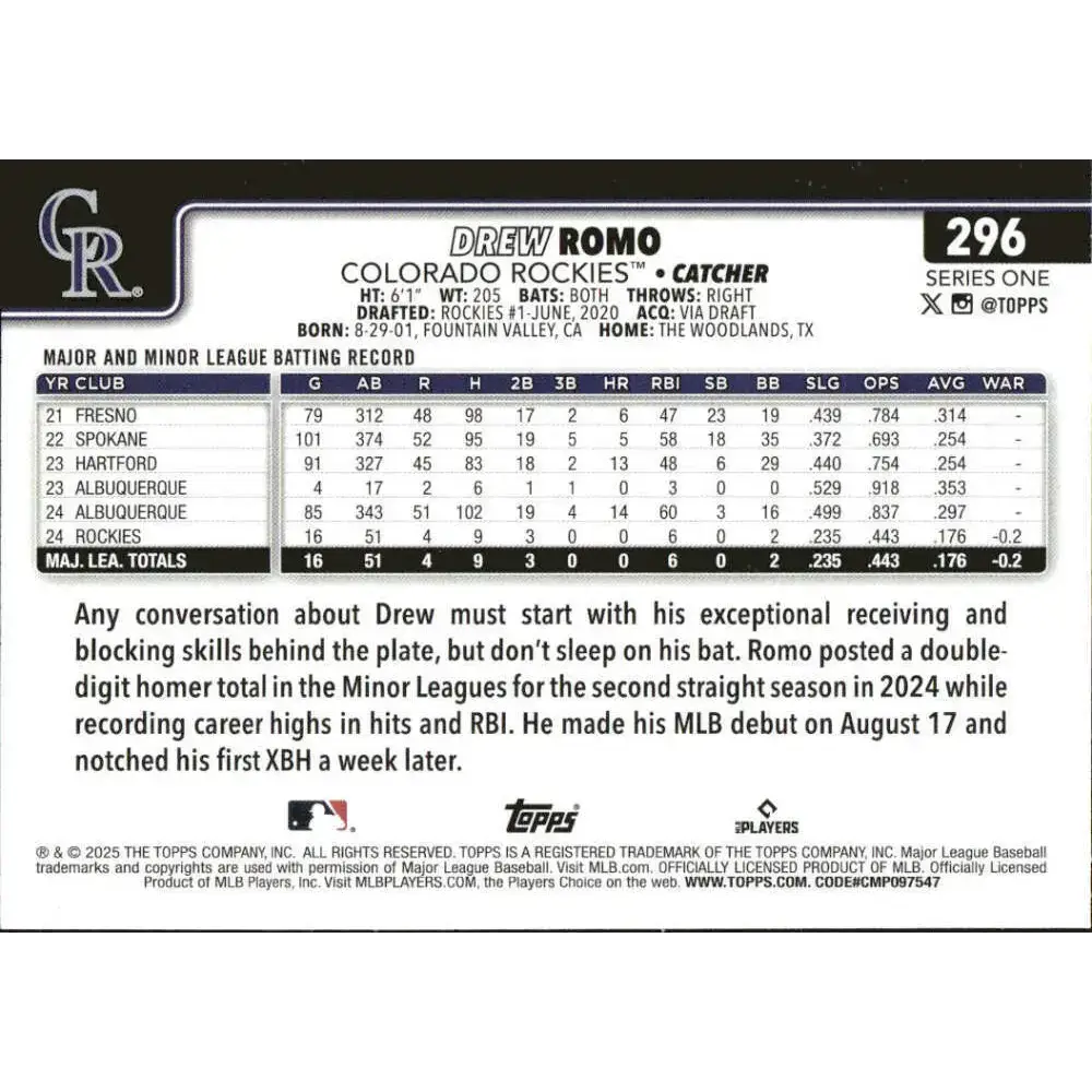 2025 Topps #296 Drew Romo NM-MT RC Rookie Colorado Rockies Baseball Card - Baseball Card Single