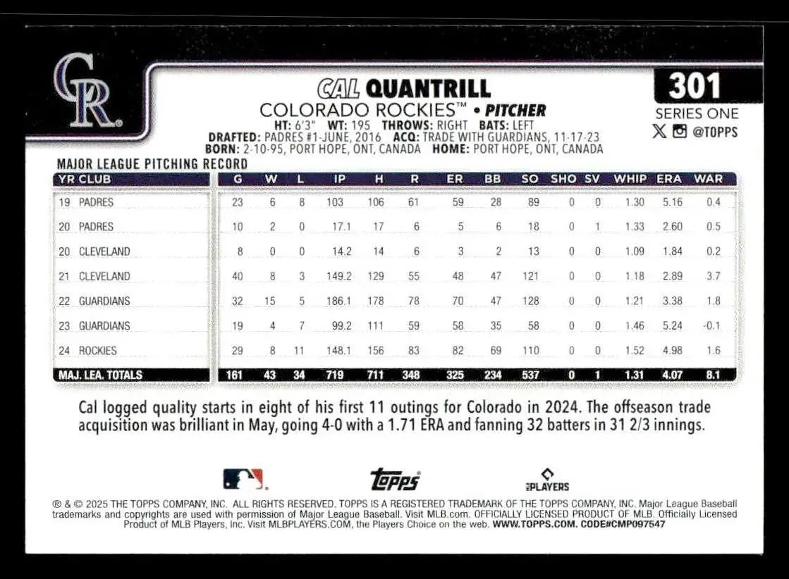 2025 Topps #301 Cal Quantrill - Baseball Card Single