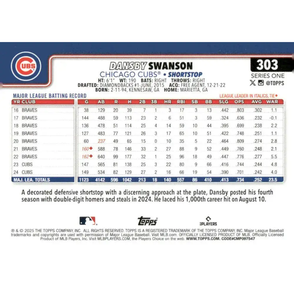 2025 Topps #303 Dansby Swanson NM-MT Chicago Cubs Baseball Card - Baseball Card Single