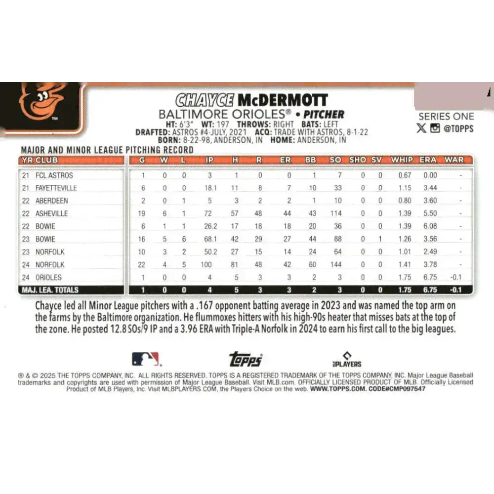 2025 Topps #32 Chayce McDermott NM-MT RC Rookie Baltimore Orioles Baseball Card - Baseball Card Single