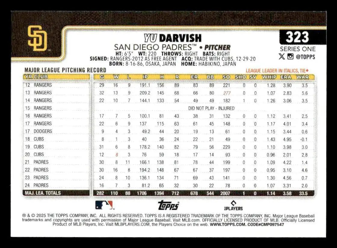 2025 Topps #323 Yu Darvish - Baseball Card Single