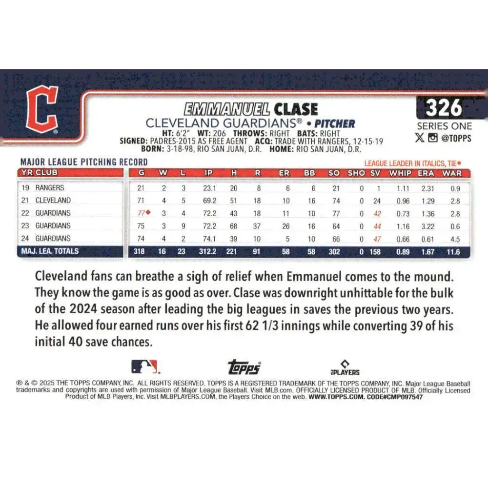 2025 Topps #326 Emmanuel Clase NM-MT Cleveland Guardians Baseball Card - Baseball Card Single
