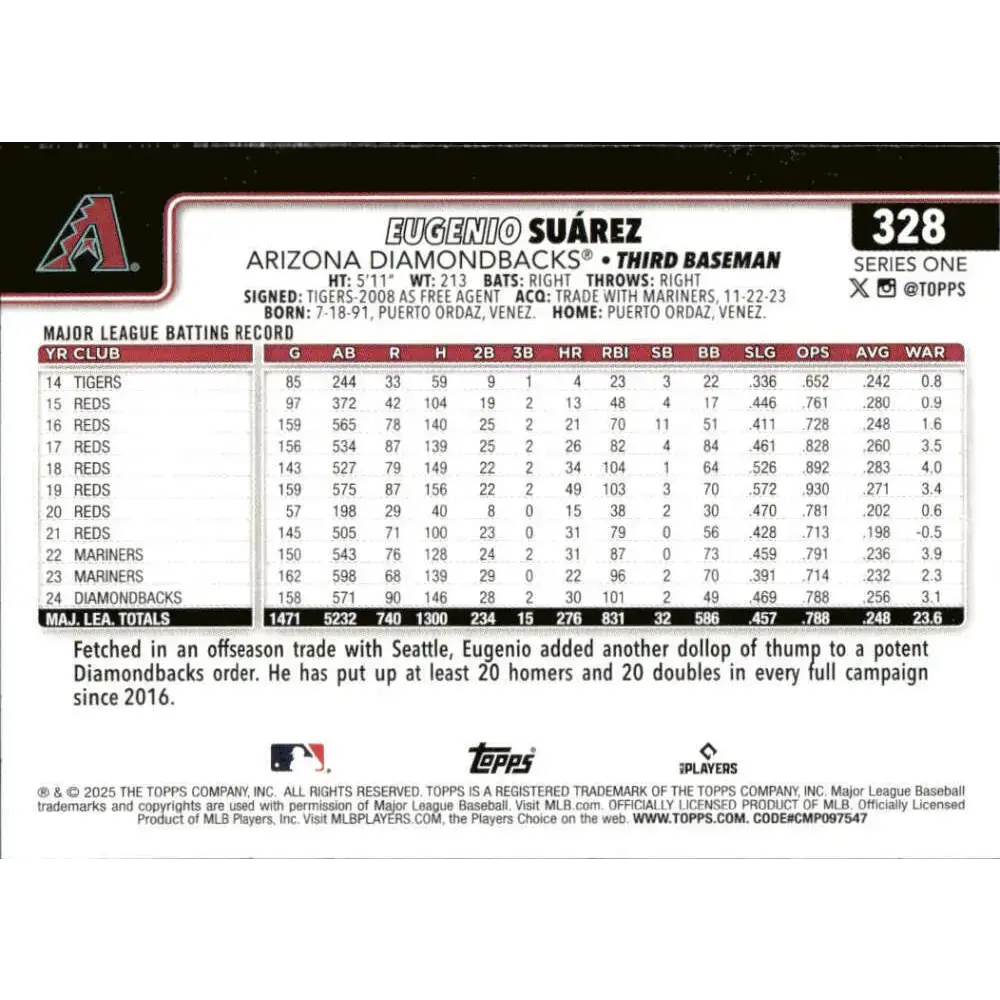 2025 Topps #328 Eugenio Suarez NM-MT Arizona Diamondbacks Baseball Card - Baseball Card Single