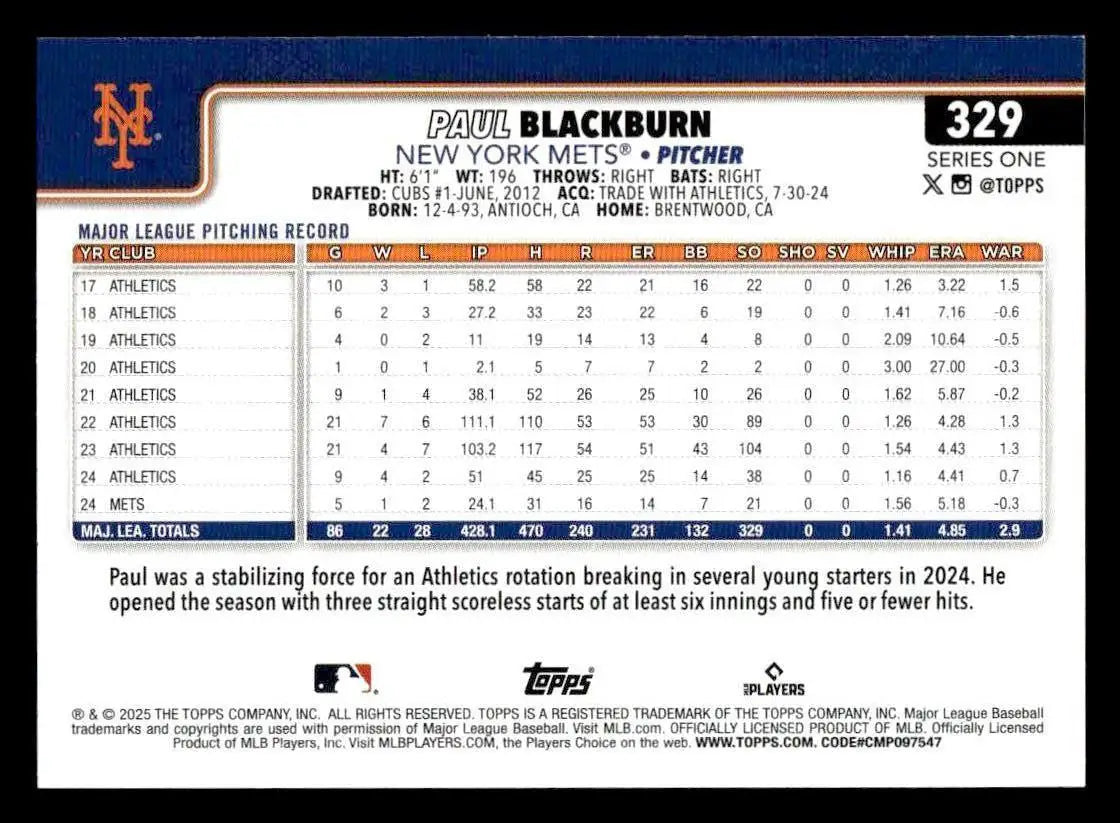 2025 Topps #329 Paul Blackburn - Baseball Card Single