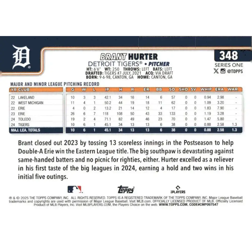 2025 Topps #348 Brant Hurter NM-MT RC Rookie Detroit Tigers Baseball Card - Baseball Card Single