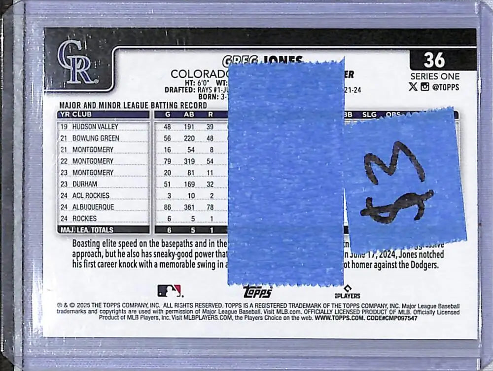2025 Topps #36 Greg Jones NM-MT RC Rookie Colorado Rockies - Baseball Card Single
