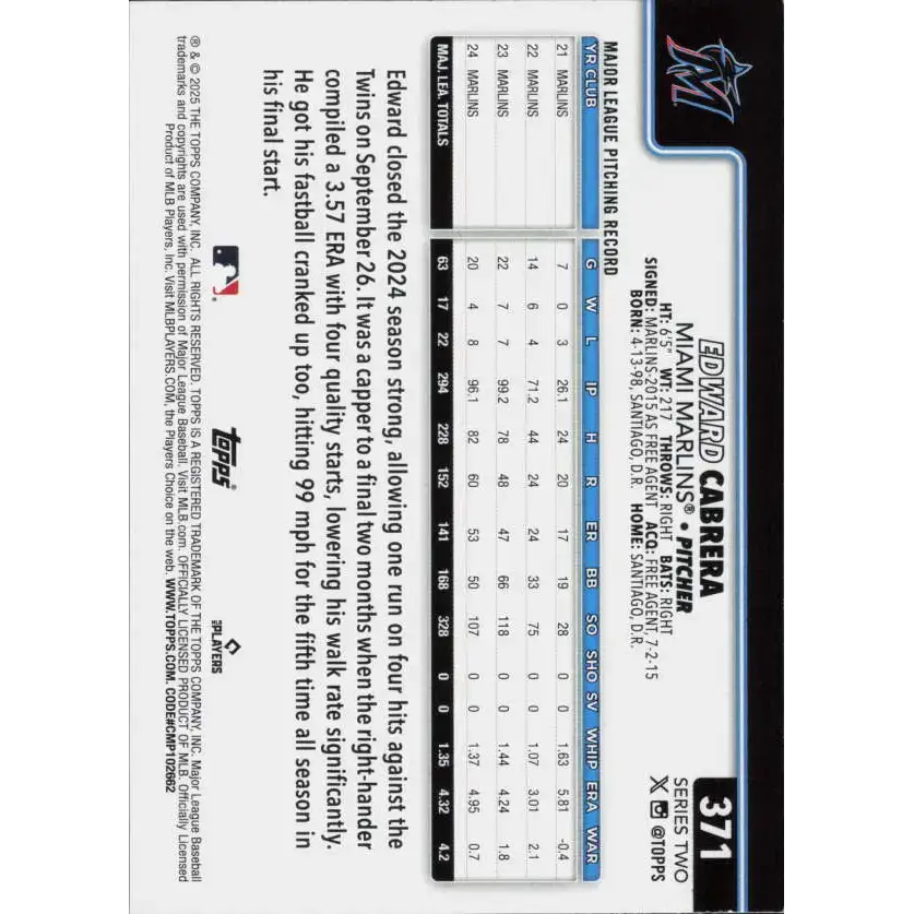 2025 Topps #371 Edward Cabrera NM-MT Miami Marlins Baseball Card - Baseball Card Single