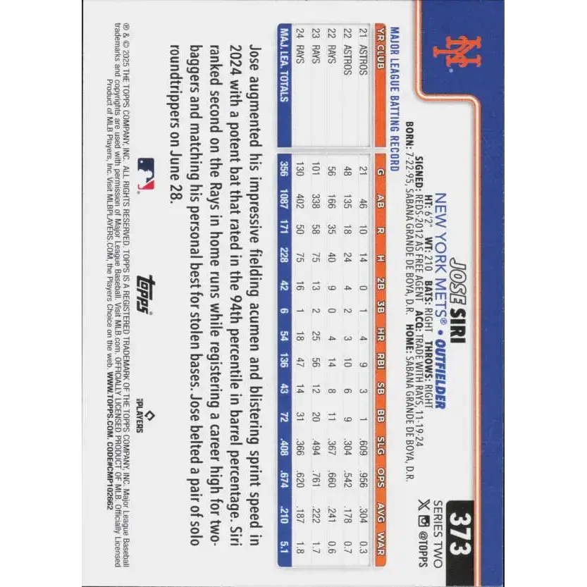 2025 Topps #373 Jose Siri NM-MT New York Mets Baseball Card - Baseball Card Single